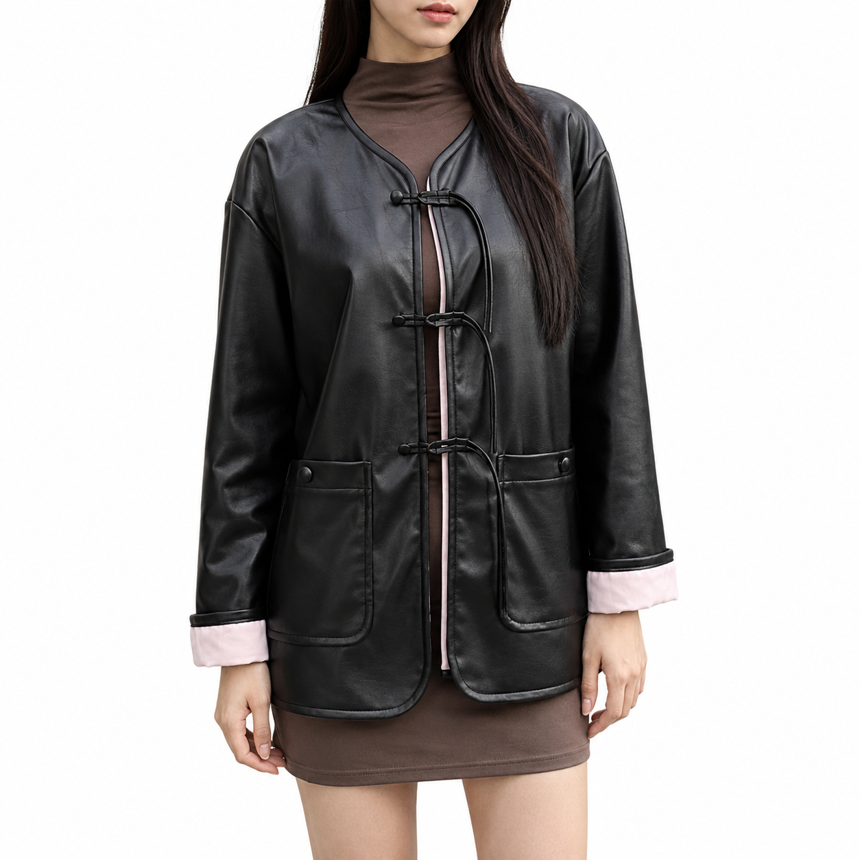 Women's Black Faux Leather Jacket – Long Sleeve, Loose Fit with Pocket Decor