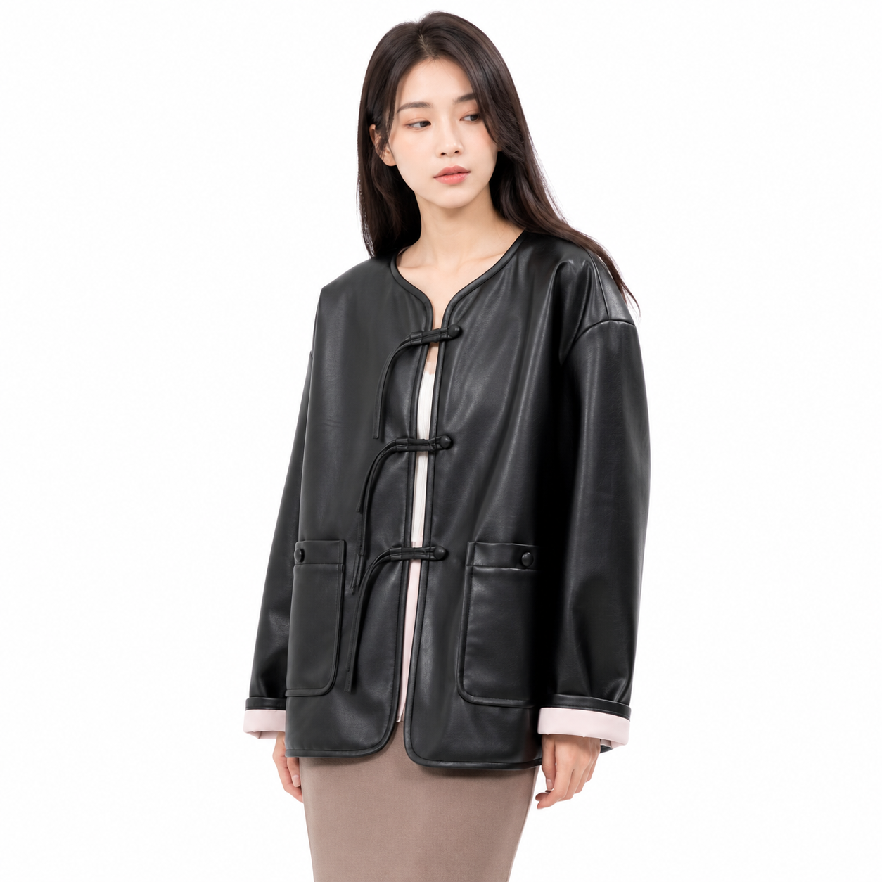 Women's Black Faux Leather Jacket – Long Sleeve, Loose Fit with Pocket Decor