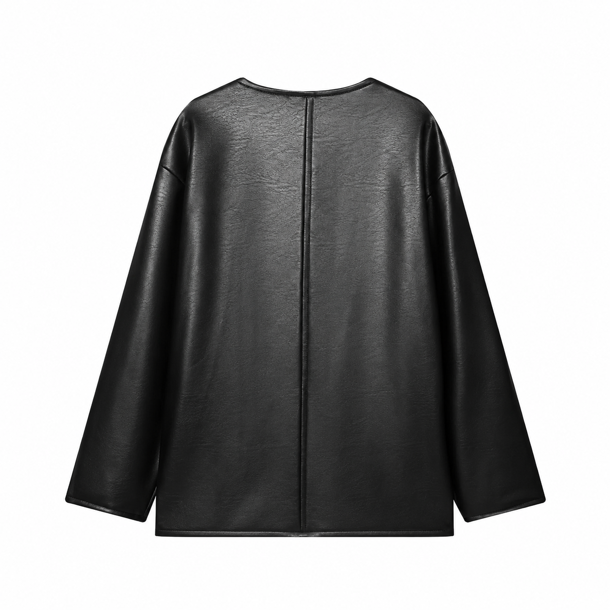Women's Black Faux Leather Jacket – Long Sleeve, Loose Fit with Pocket Decor