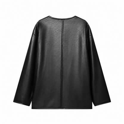 Women's Black Faux Leather Jacket – Long Sleeve, Loose Fit with Pocket Decor
