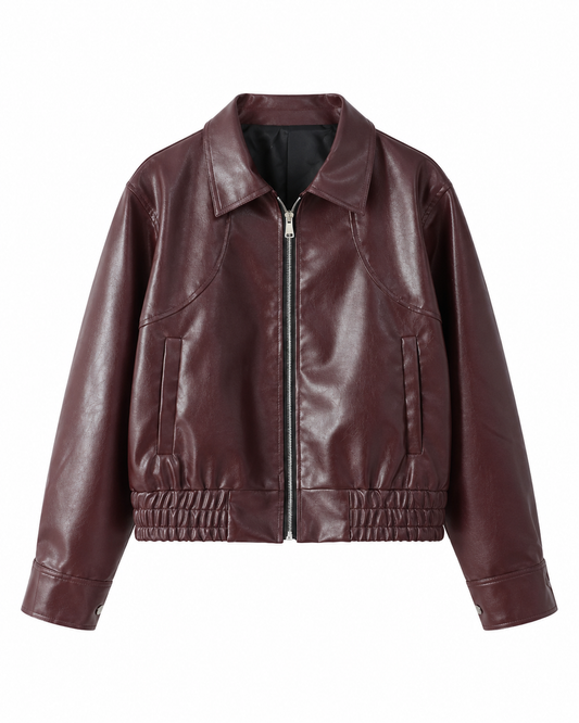 Women's Wine Red Leather Short Coat – Retro Zipper Design with Turn-Down Collar