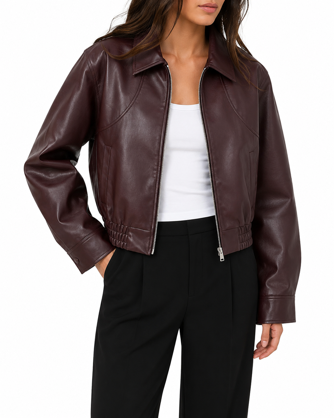 Women's Wine Red Leather Short Coat – Retro Zipper Design with Turn-Down Collar