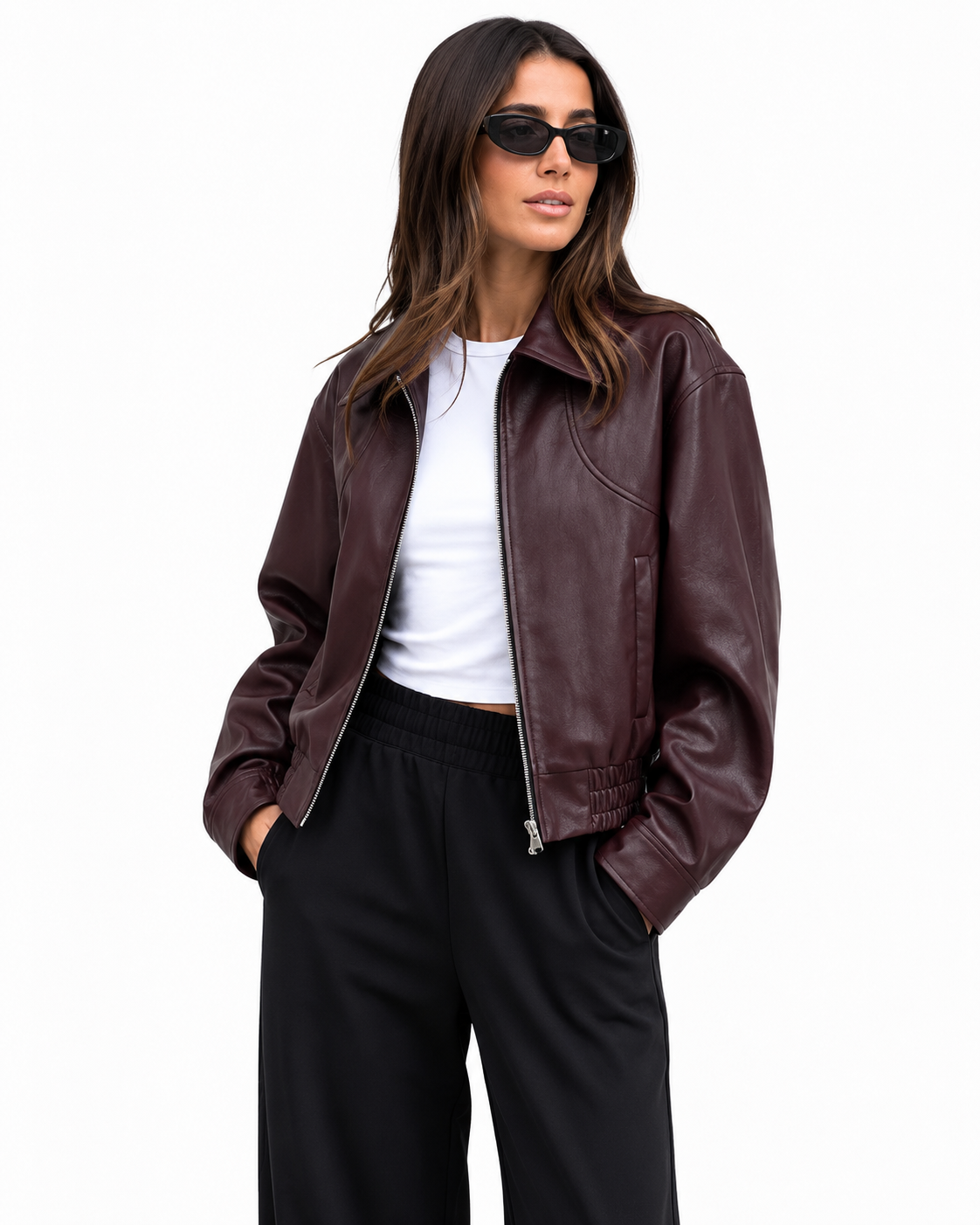 Women's Wine Red Leather Short Coat – Retro Zipper Design with Turn-Down Collar