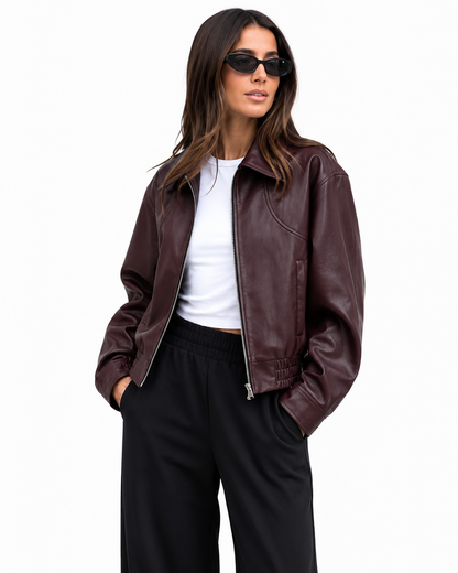 Women's Wine Red Leather Short Coat – Retro Zipper Design with Turn-Down Collar