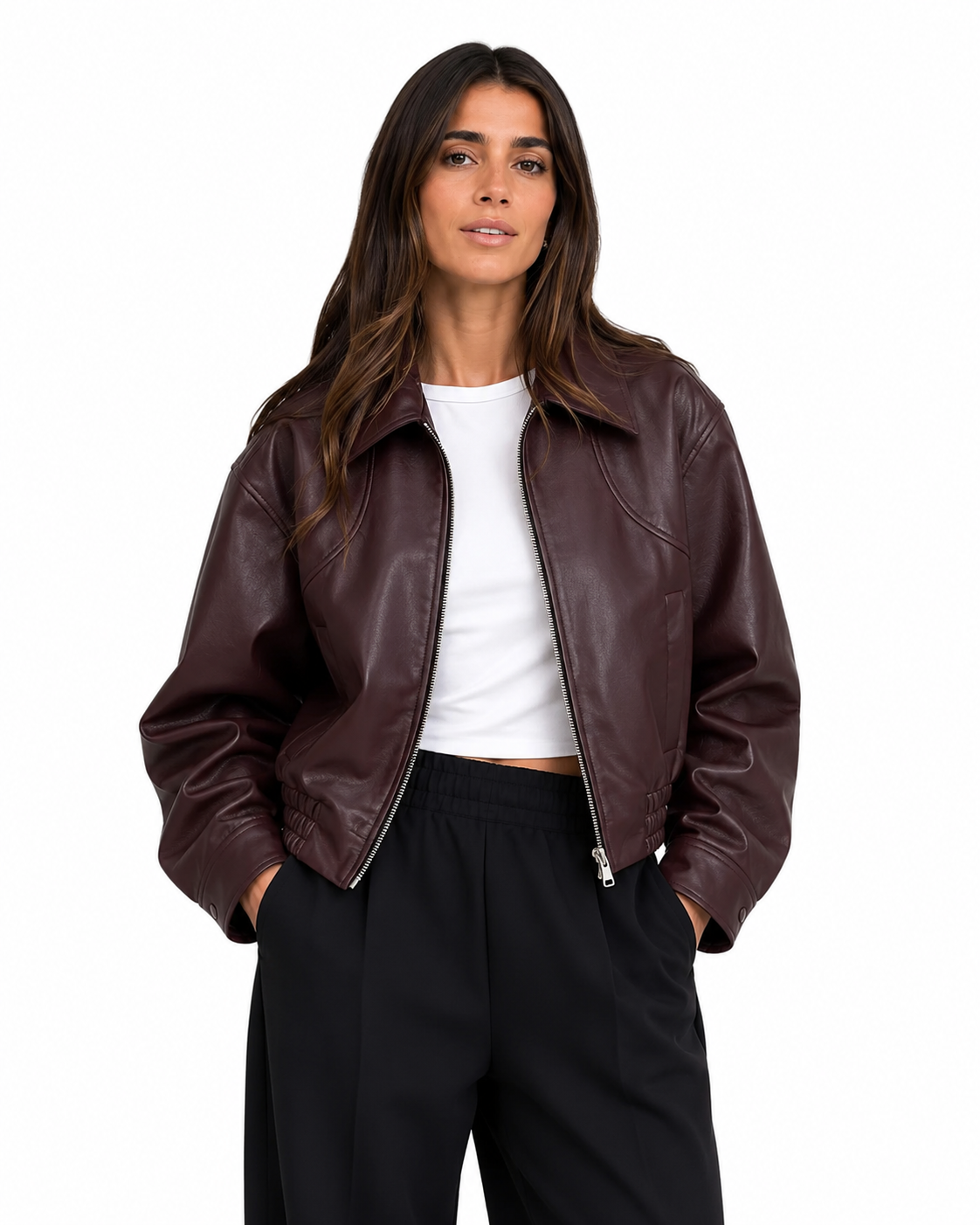 Women's Wine Red Leather Short Coat – Retro Zipper Design with Turn-Down Collar