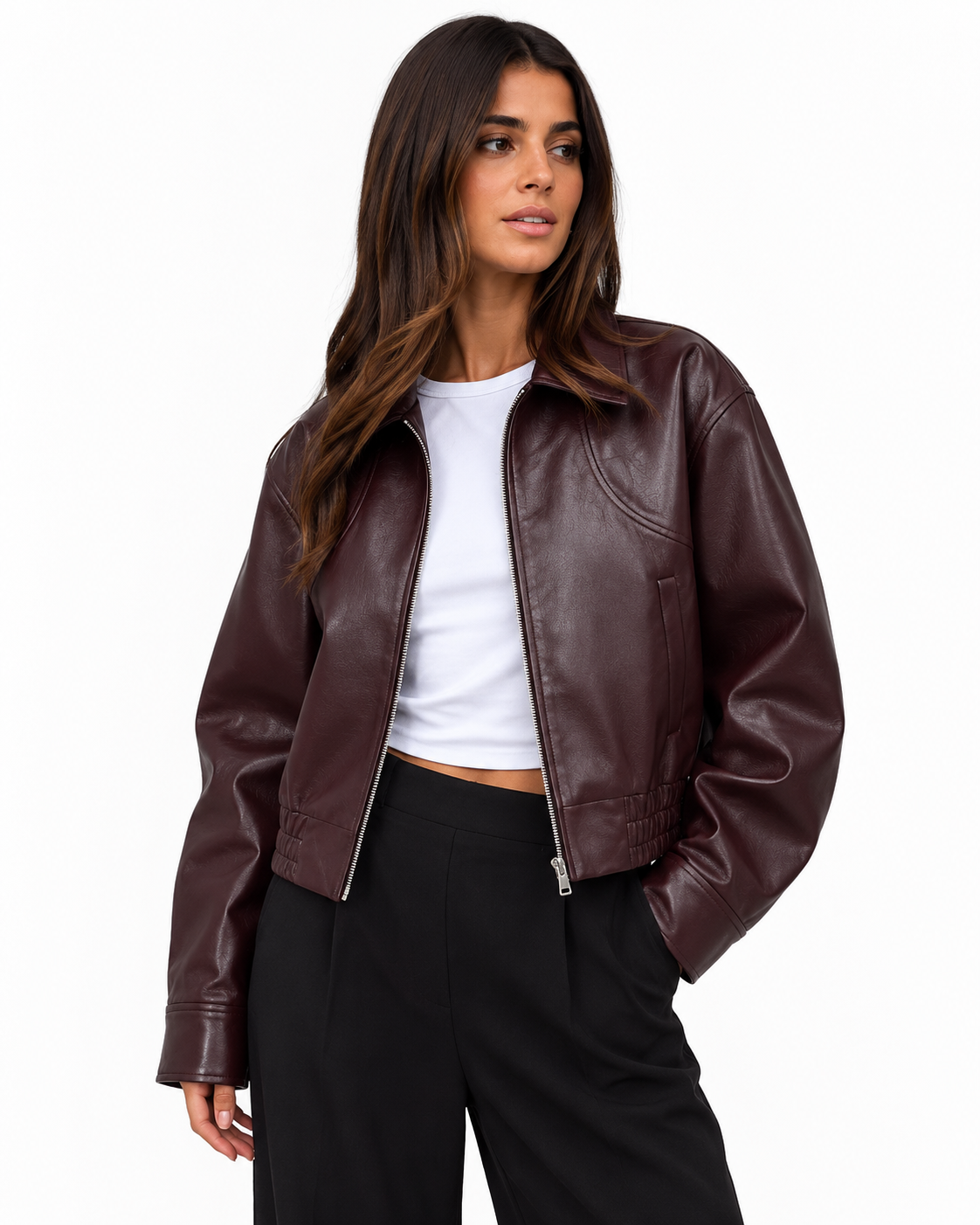 Women's Wine Red Leather Short Coat – Retro Zipper Design with Turn-Down Collar