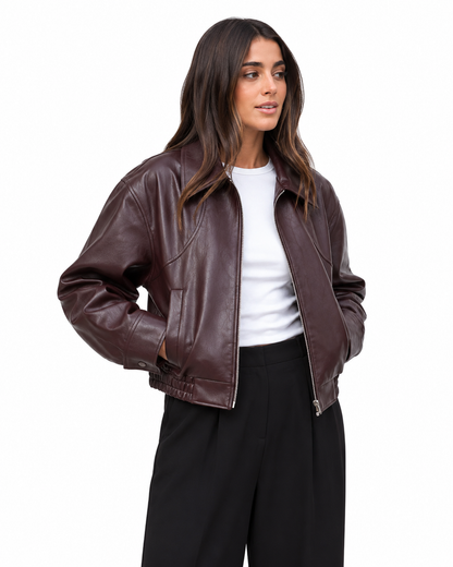 Women's Wine Red Leather Short Coat – Retro Zipper Design with Turn-Down Collar