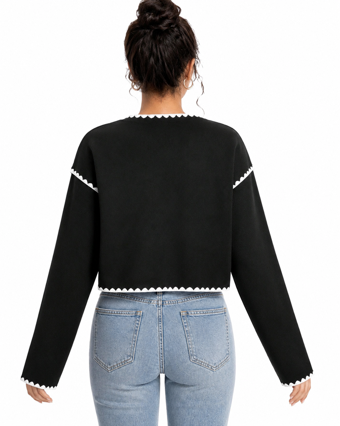 Women's Black Cropped Jacket – White Scallop Trim with Button Down Closure