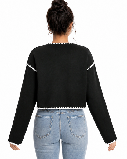 Women's Black Cropped Jacket – White Scallop Trim with Button Down Closure