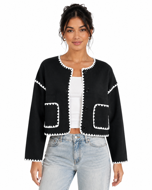 Women's Black Cropped Jacket – White Scallop Trim with Button Down Closure