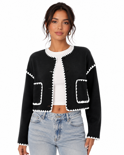 Women's Black Cropped Jacket – White Scallop Trim with Button Down Closure