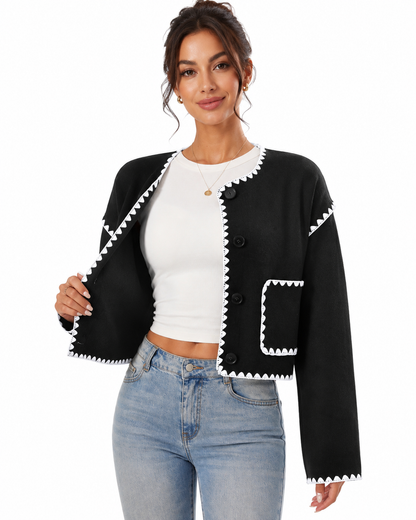 Women's Black Cropped Jacket – White Scallop Trim with Button Down Closure