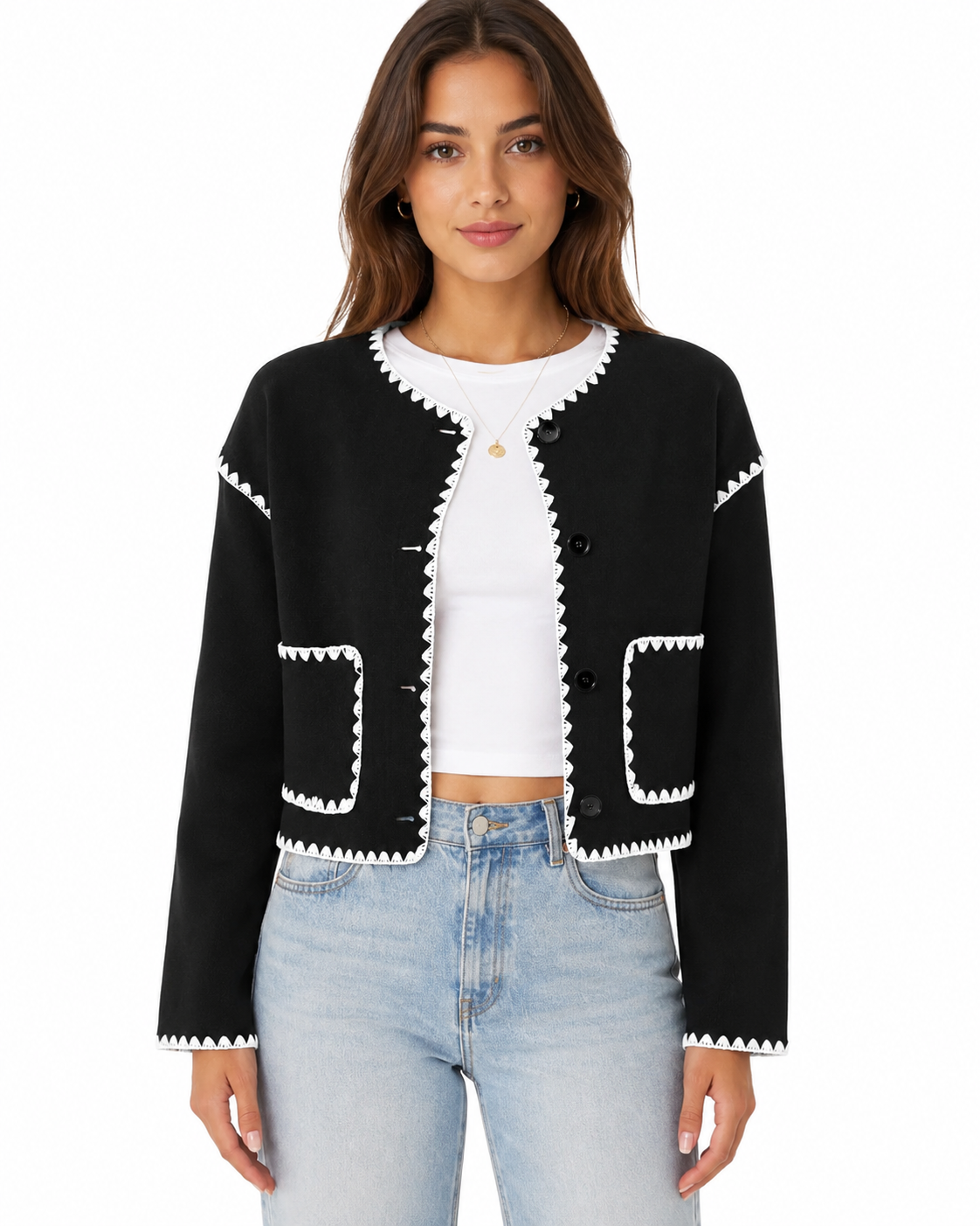 Women's Black Cropped Jacket – White Scallop Trim with Button Down Closure