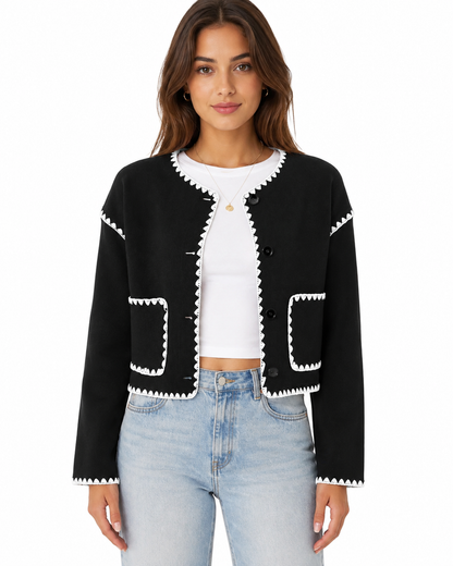 Women's Black Cropped Jacket – White Scallop Trim with Button Down Closure