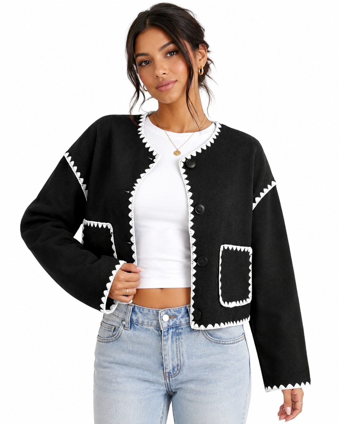 Women's Black Cropped Jacket – White Scallop Trim with Button Down Closure