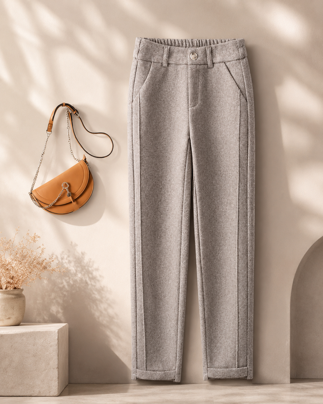 Women's Woolen Herringbone High Waist Harem Pants – Elastic Fit