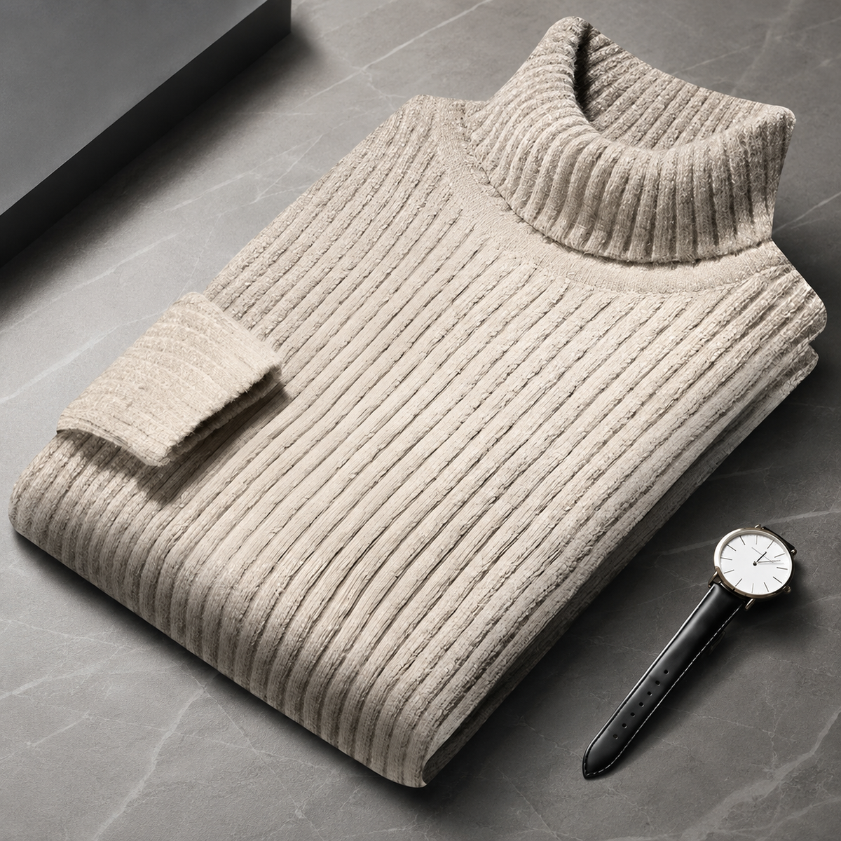 Men's Nylon Ribbed Turtleneck Sweater – Straight Cut for Autumn and Winter