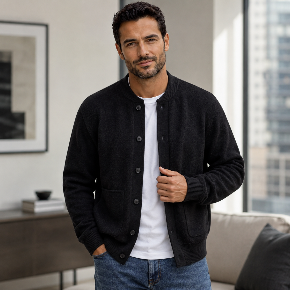 Men's Thickened Knitted Cardigan – Open Front – Solid Color – Casual Fit