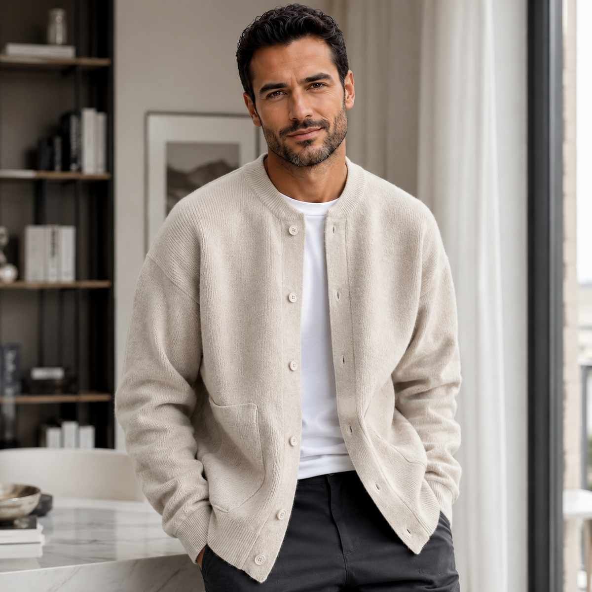 Men's Thickened Knitted Cardigan – Open Front – Solid Color – Casual Fit