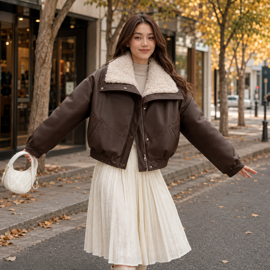Women's Short Lamb Wool Coat – Turn Down Collar for Winter