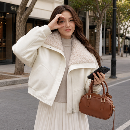 Women's Short Lamb Wool Coat – Turn Down Collar for Winter