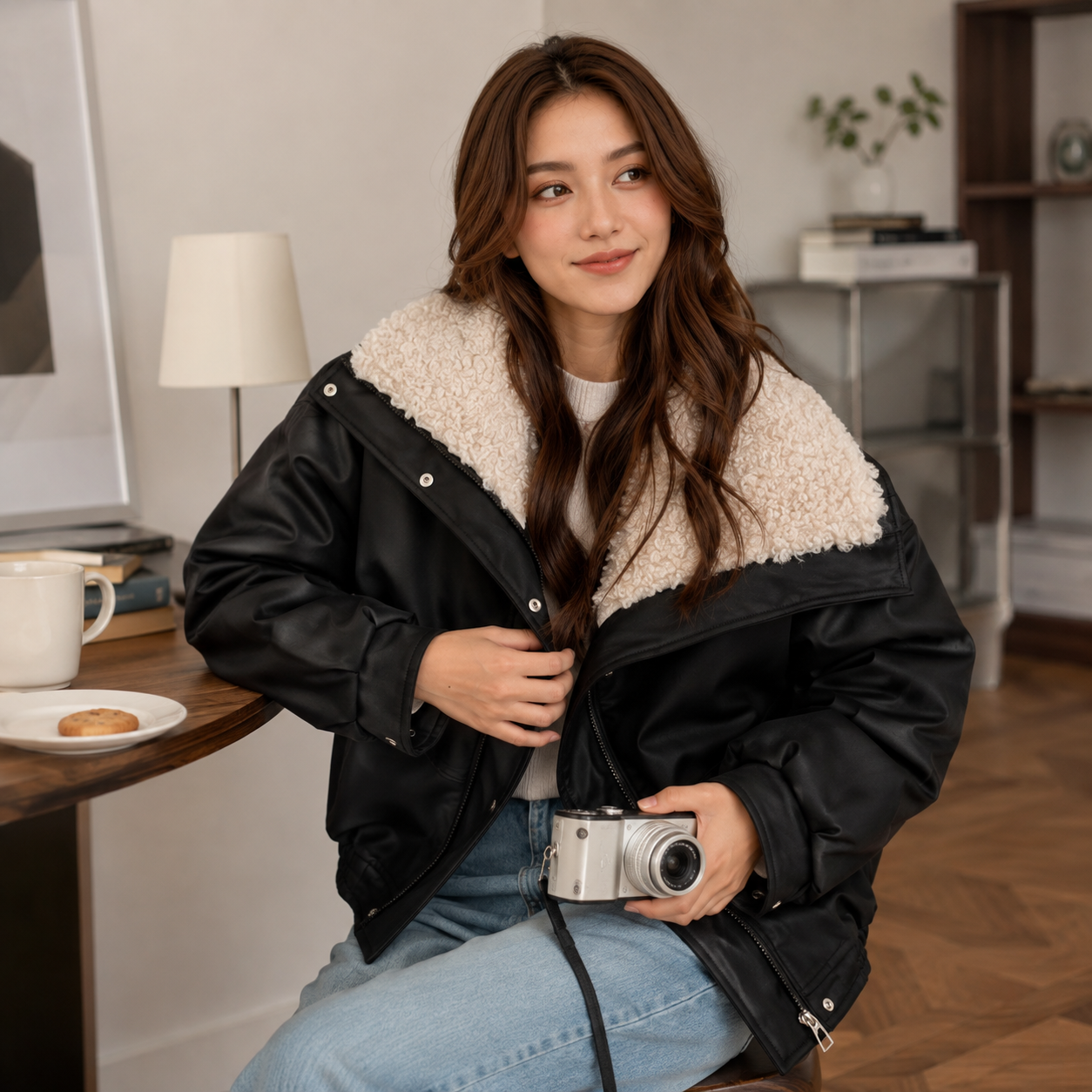 Women's Short Lamb Wool Coat – Turn Down Collar for Winter