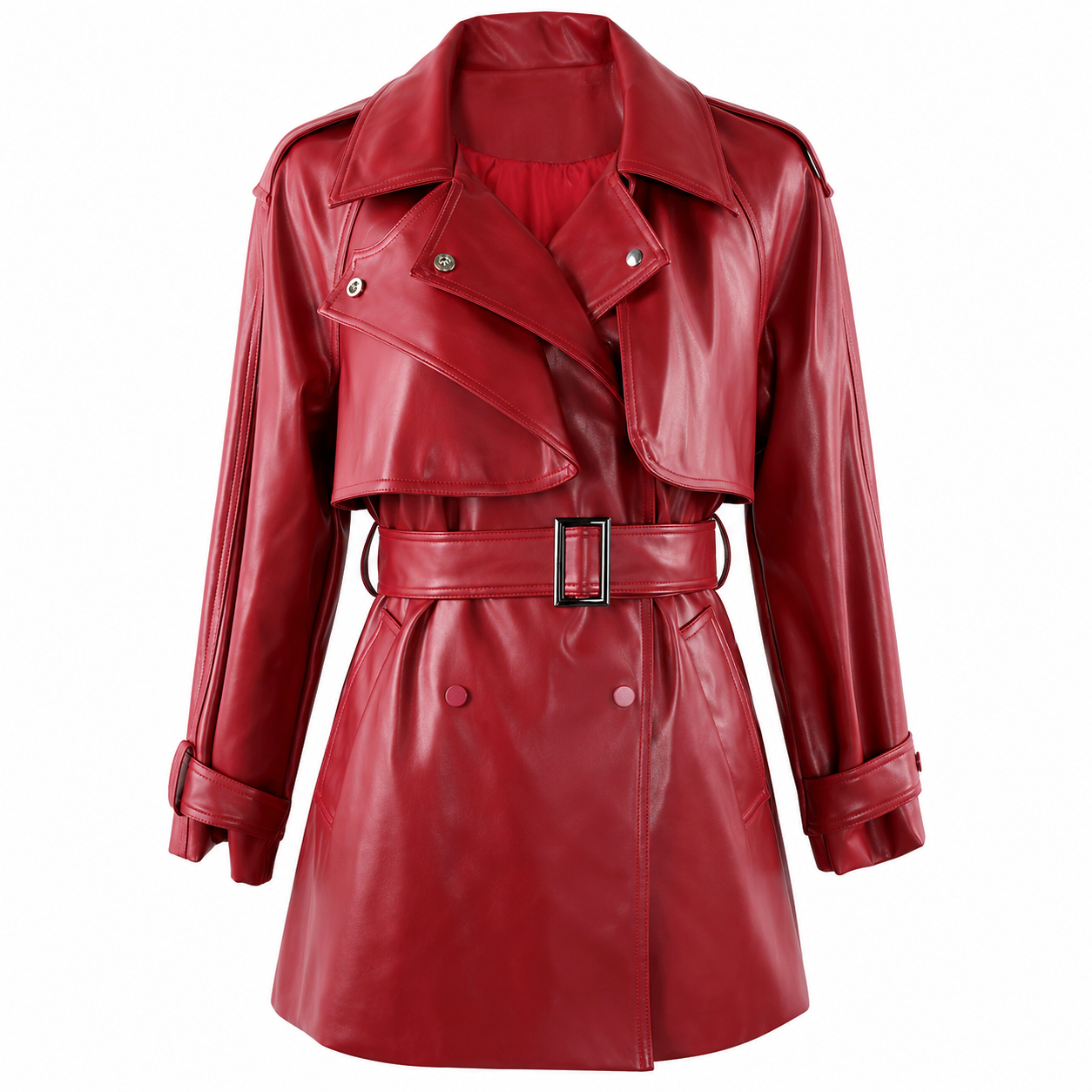 Women's Faux Leather Trench Coat – Soft Wine Red with Belt