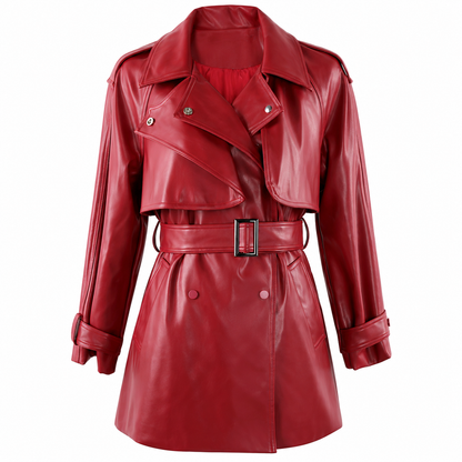 Women's Faux Leather Trench Coat – Soft Wine Red with Belt