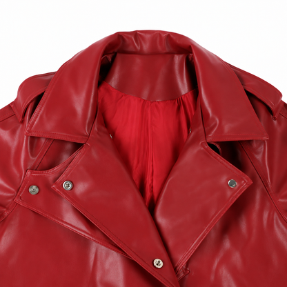 Women's Faux Leather Trench Coat – Soft Wine Red with Belt