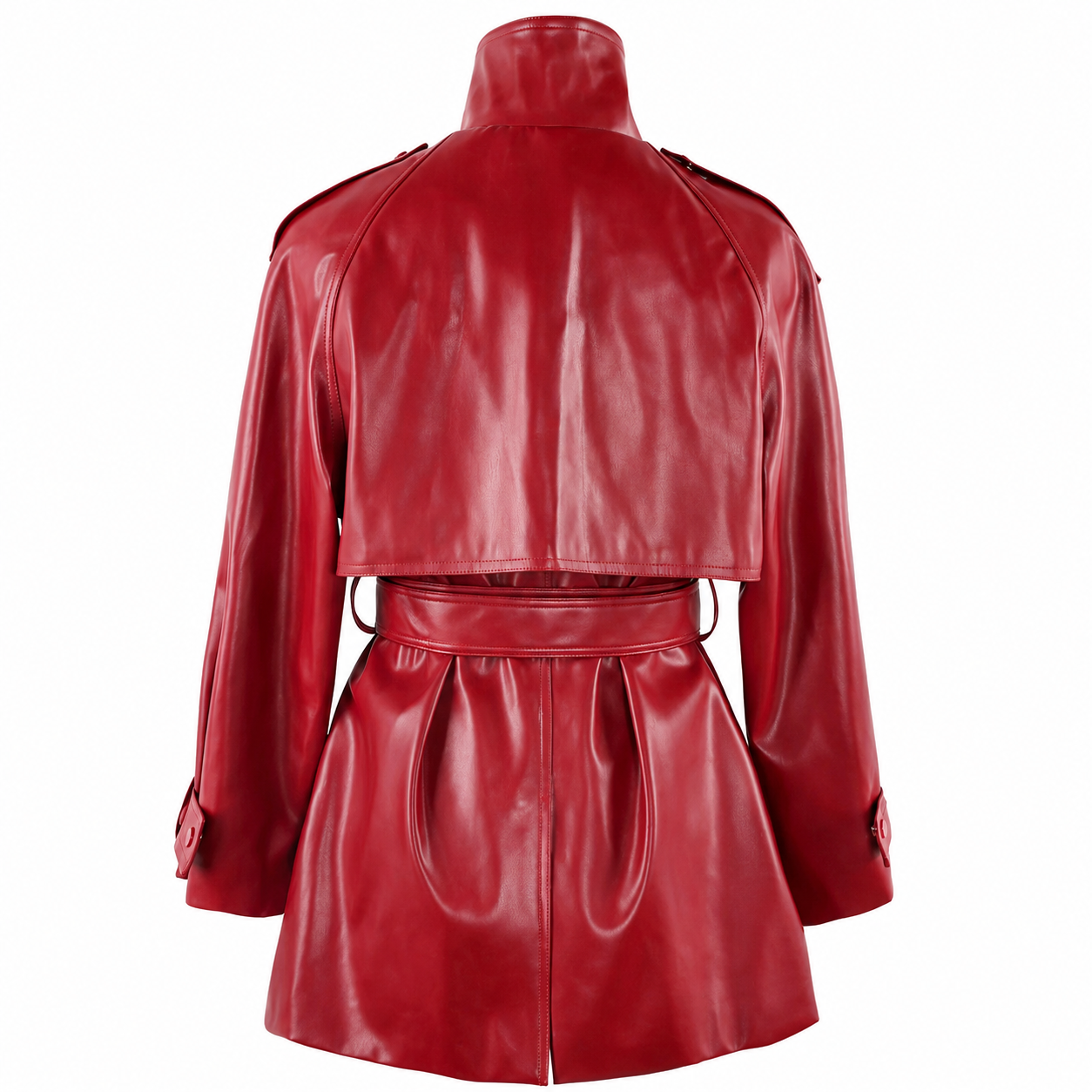 Women's Faux Leather Trench Coat – Soft Wine Red with Belt