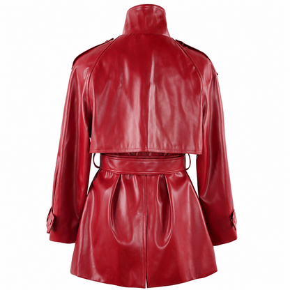 Women's Faux Leather Trench Coat – Soft Wine Red with Belt
