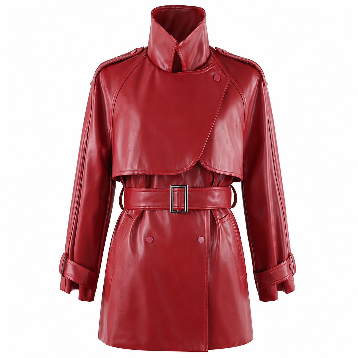 Women's Faux Leather Trench Coat – Soft Wine Red with Belt