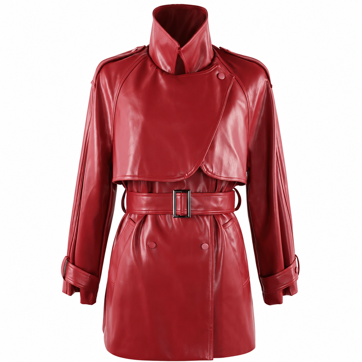 Women's Faux Leather Trench Coat – Soft Wine Red with Belt