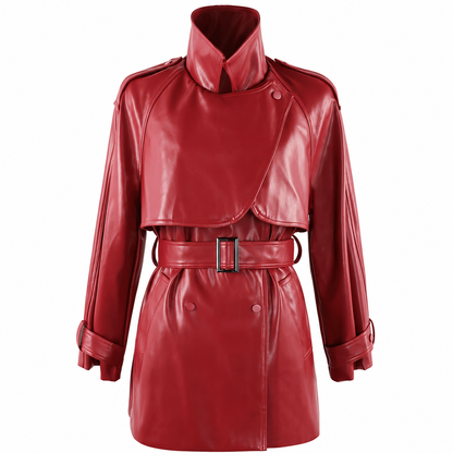 Women's Faux Leather Trench Coat – Soft Wine Red with Belt