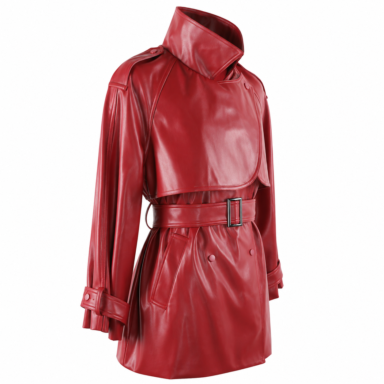 Women's Faux Leather Trench Coat – Soft Wine Red with Belt