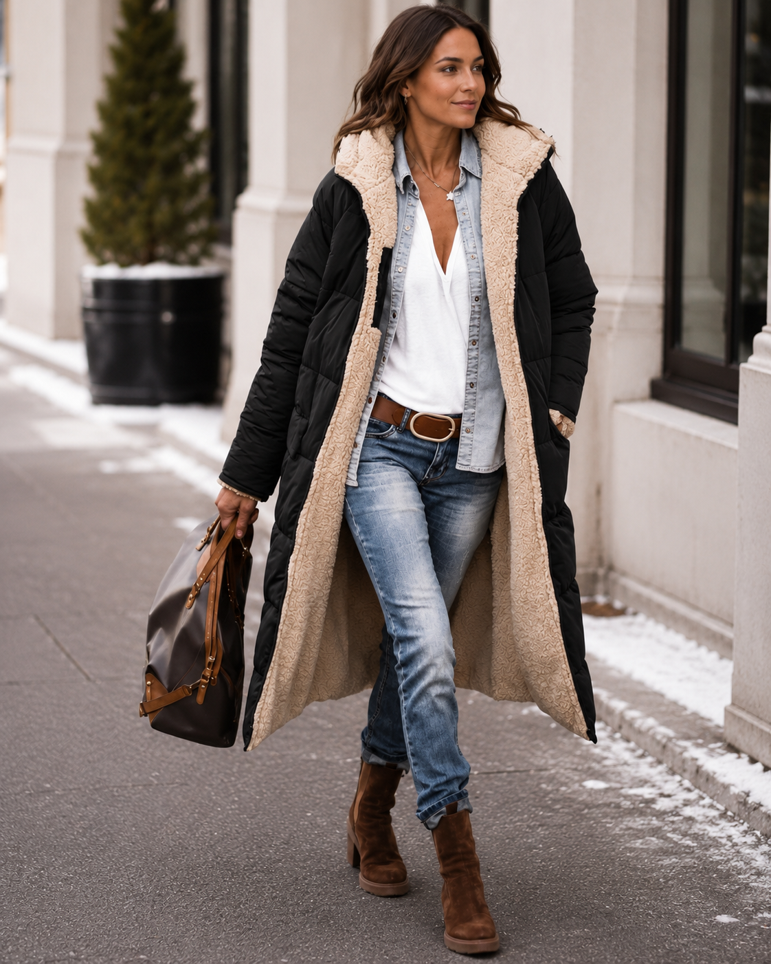 Women's Long Winter Coat – Double-Sided with Teddy Lining