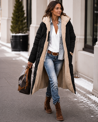 Women's Long Winter Coat – Double-Sided with Teddy Lining