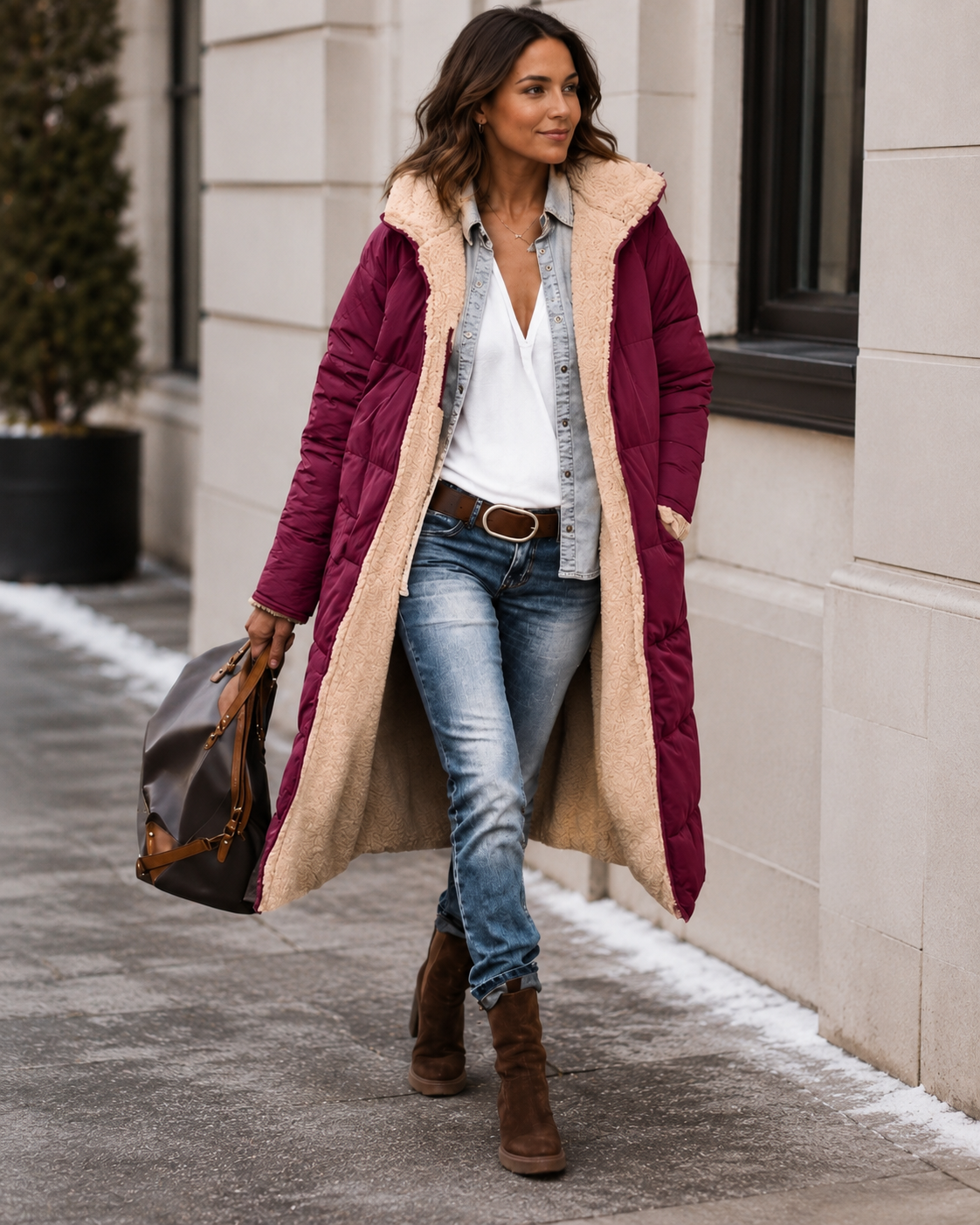 Women's Long Winter Coat – Double-Sided with Teddy Lining