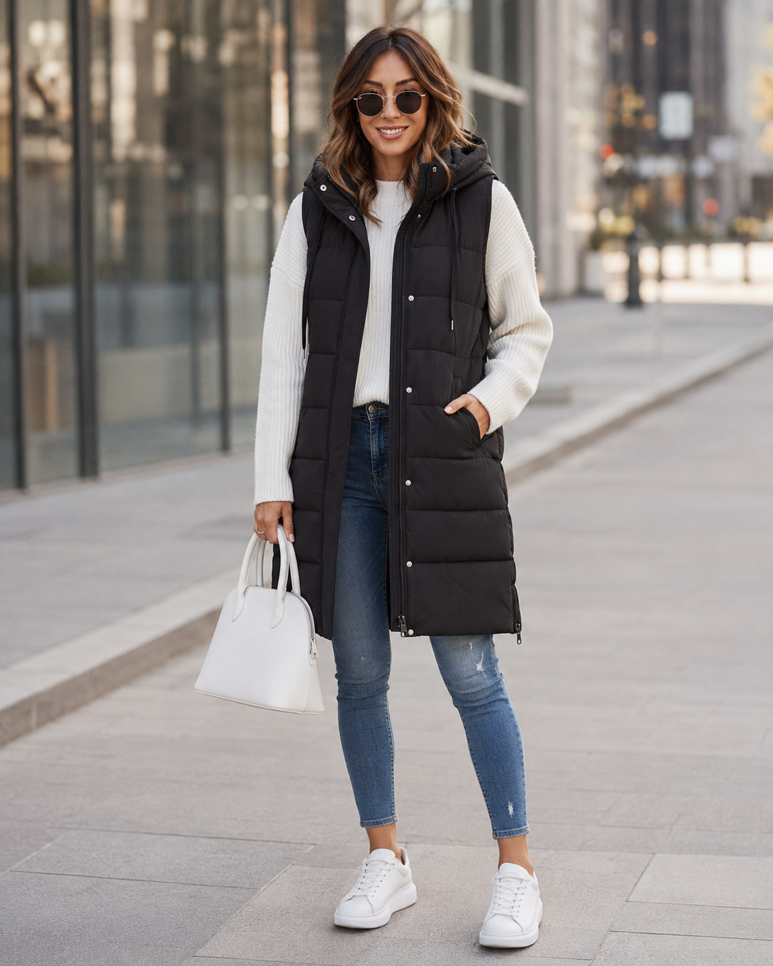 Women's Knee-Length Quilted Vest – Front Zip Closure with Pockets