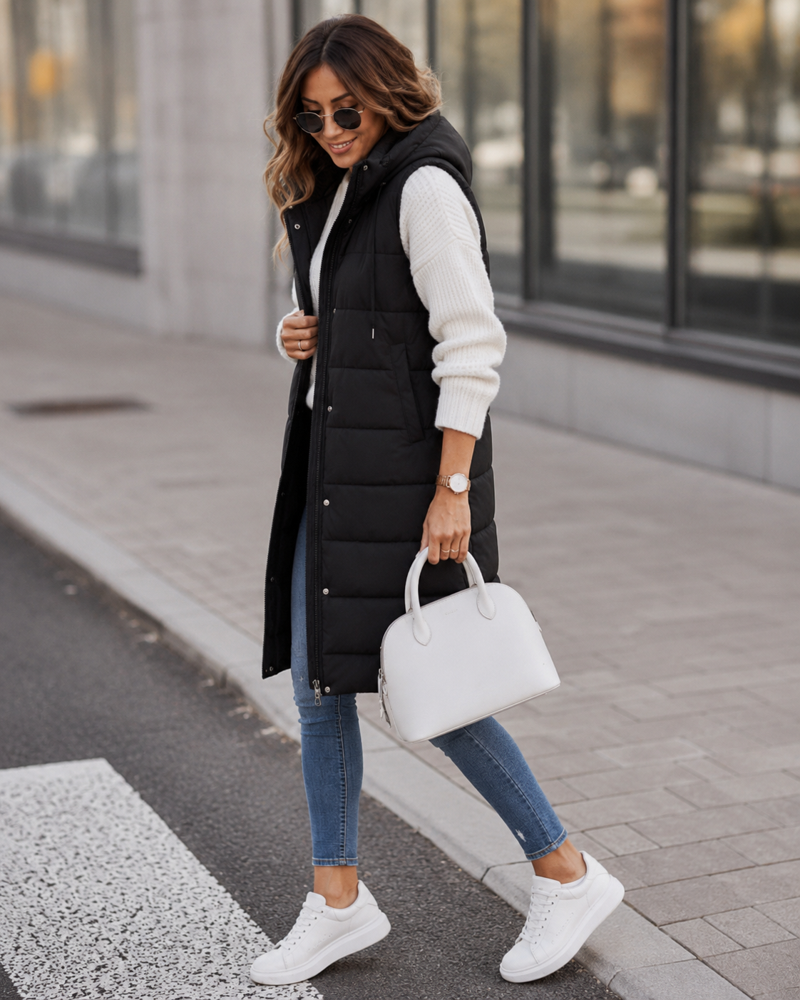 Women's Knee-Length Quilted Vest – Front Zip Closure with Pockets