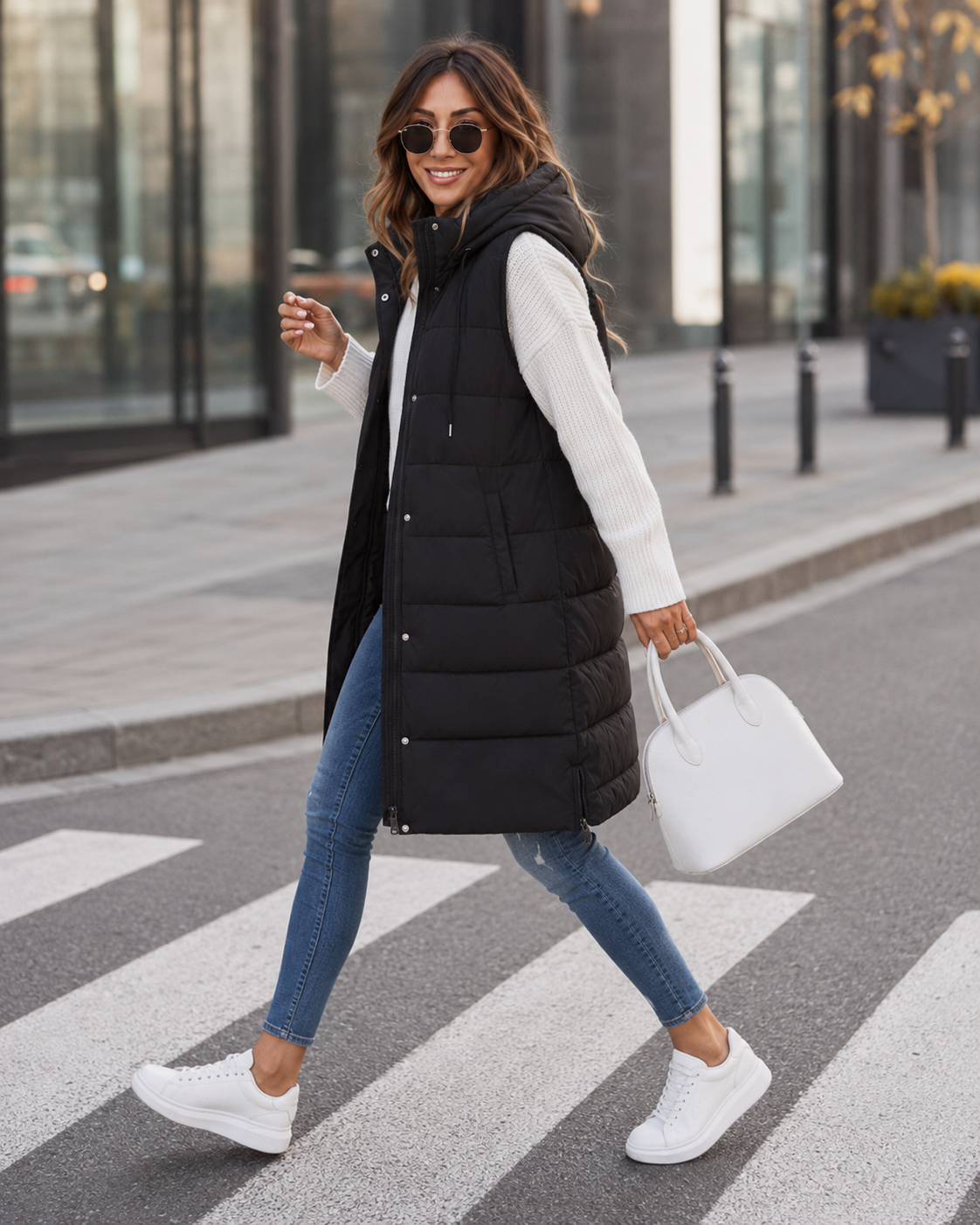 Women's Knee-Length Quilted Vest – Front Zip Closure with Pockets