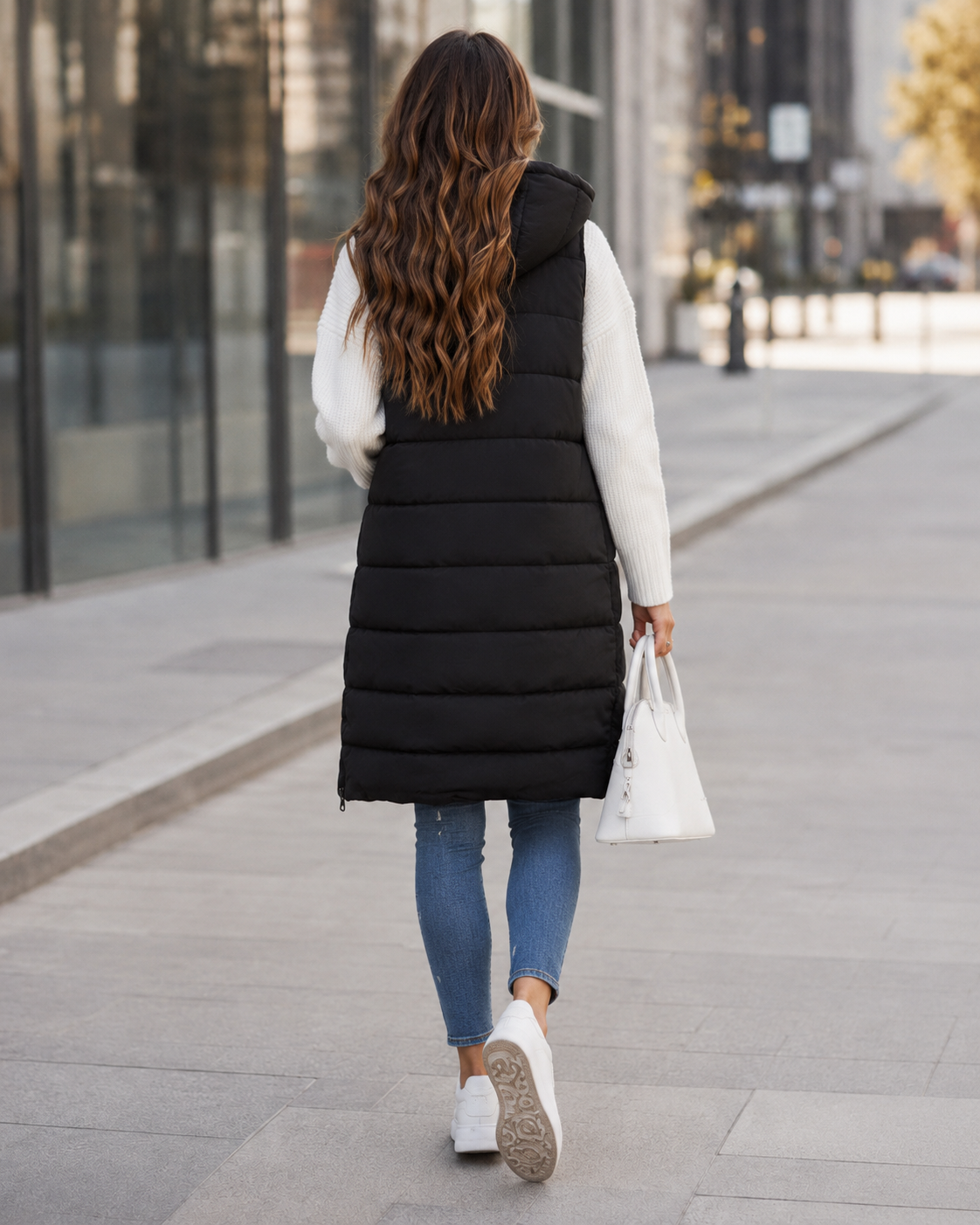Women's Knee-Length Quilted Vest – Front Zip Closure with Pockets