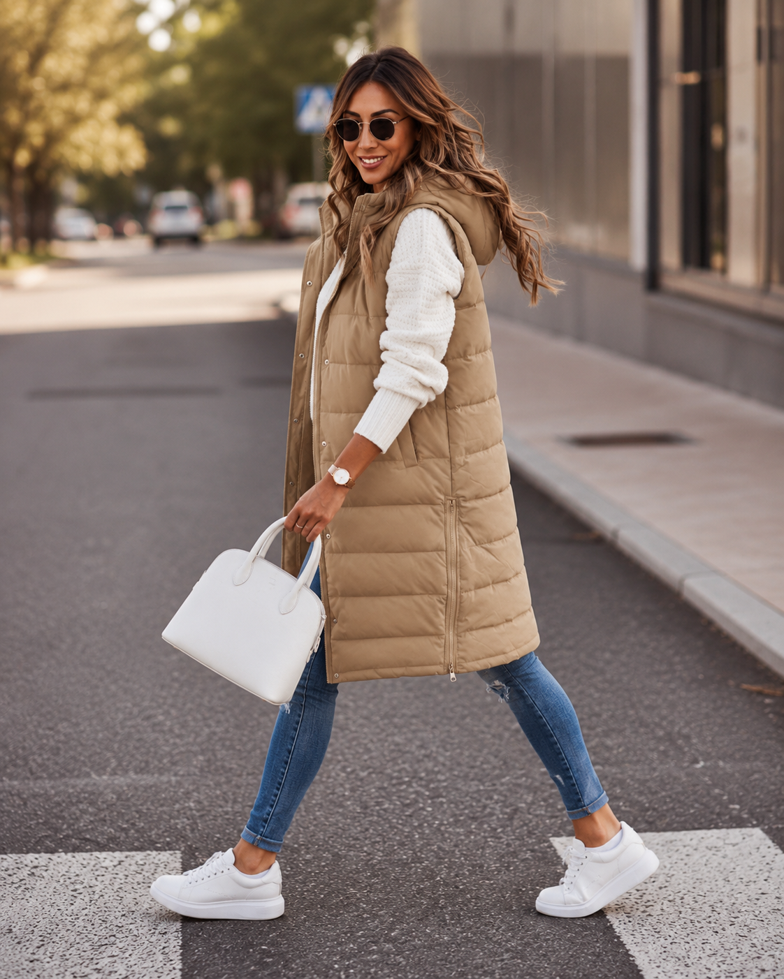 Women's Knee-Length Quilted Vest – Front Zip Closure with Pockets