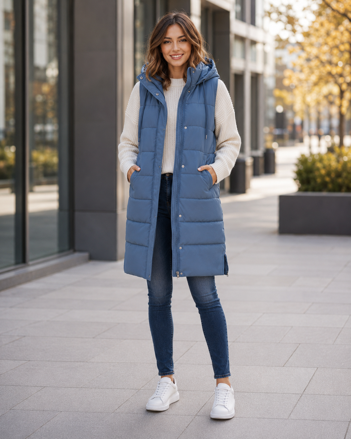 Women's Knee-Length Quilted Vest – Front Zip Closure with Pockets