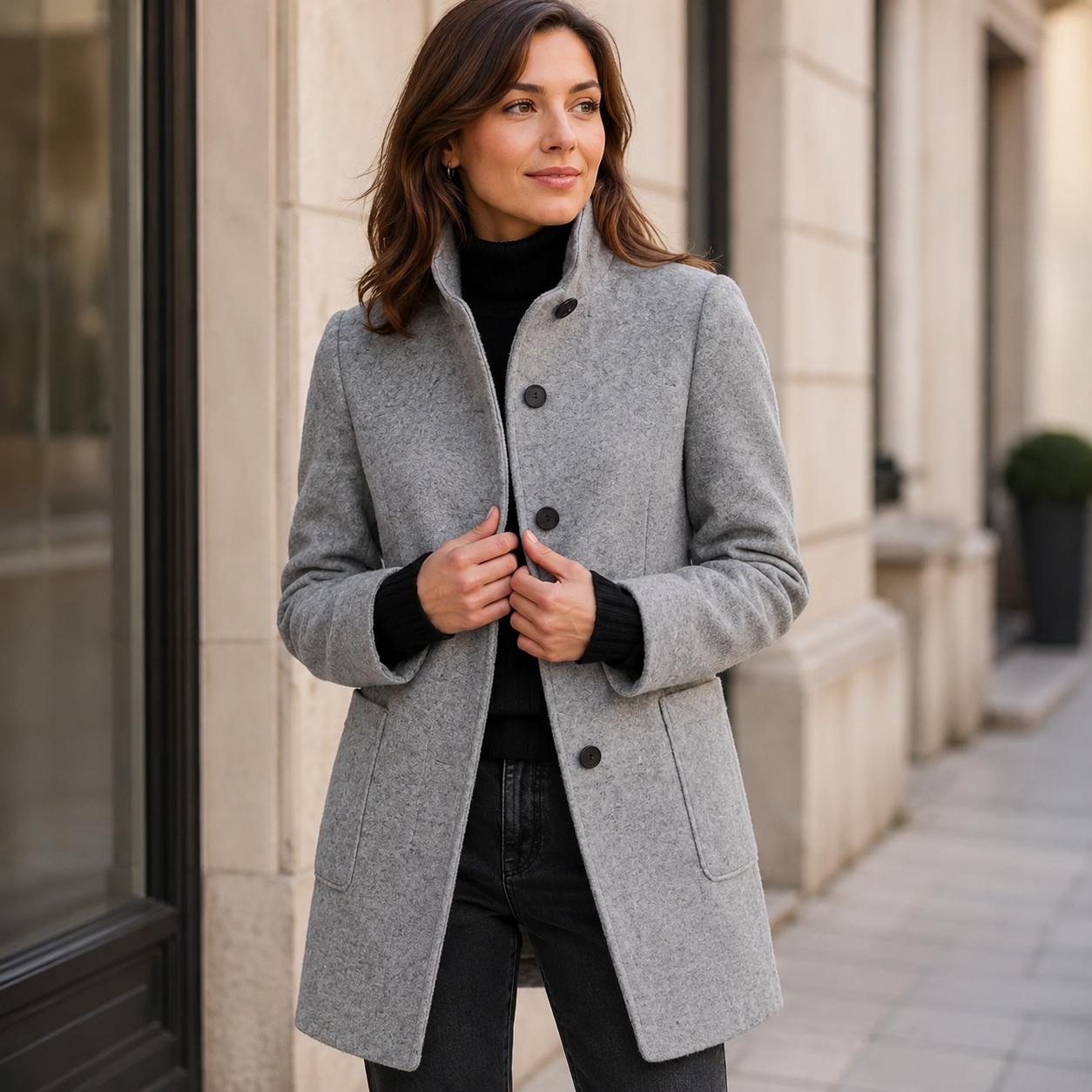 Women's Gray Wool Coat – Button Closure, Round Neckline