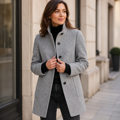 Women's Gray Wool Coat – Button Closure, Round Neckline
