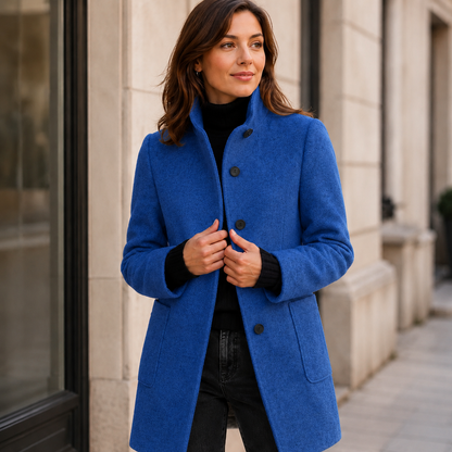 Women's Gray Wool Coat – Button Closure, Round Neckline