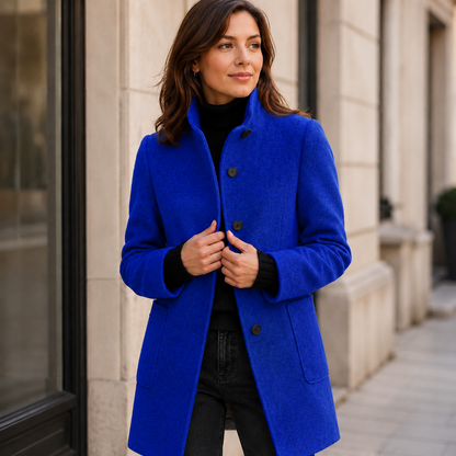 Women's Gray Wool Coat – Button Closure, Round Neckline