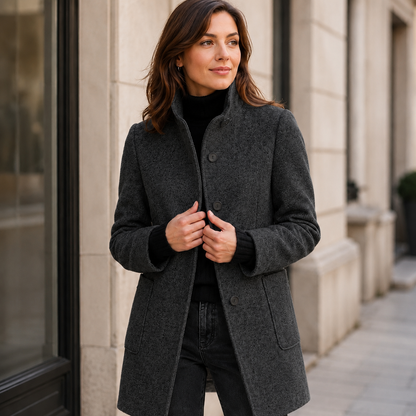 Women's Gray Wool Coat – Button Closure, Round Neckline