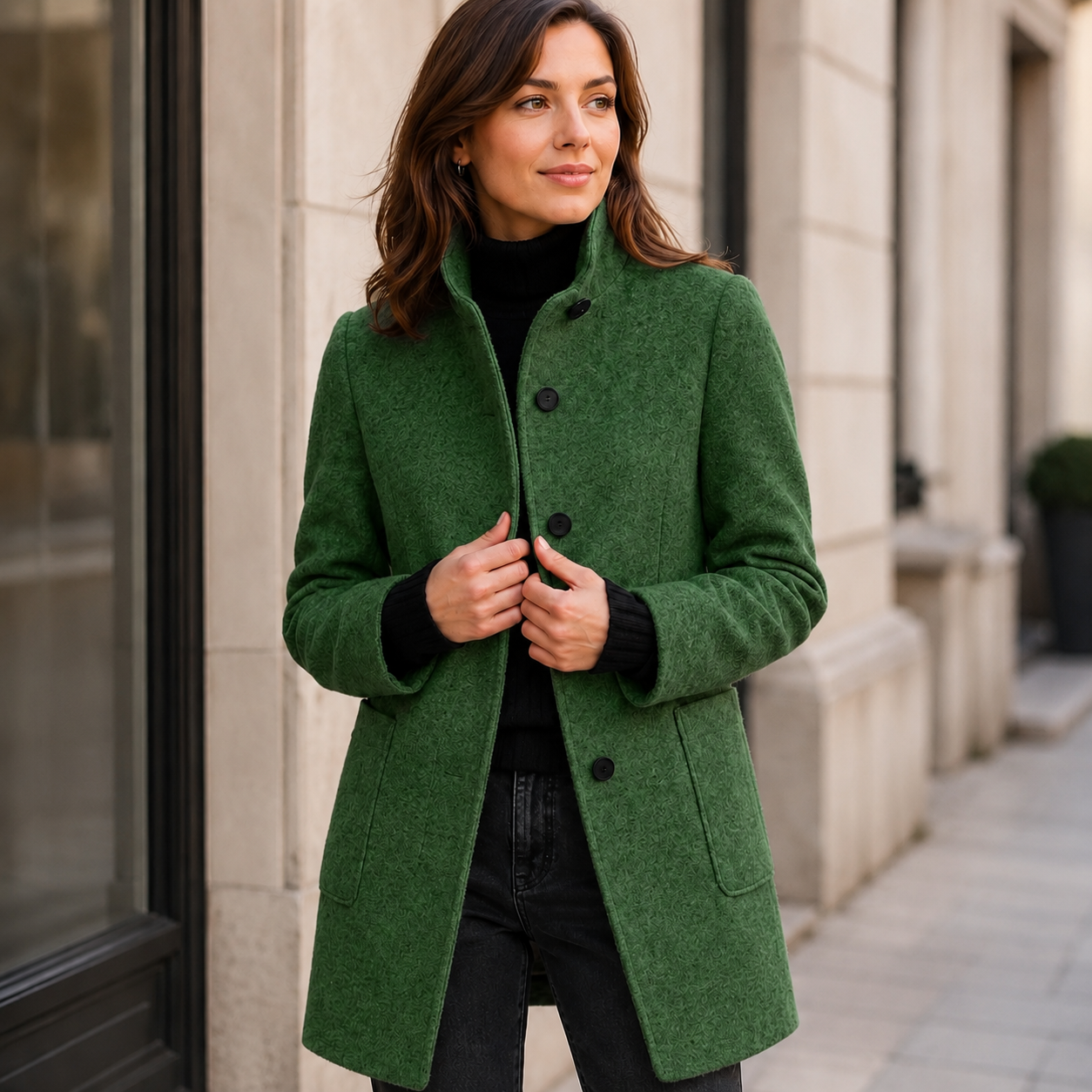Women's Gray Wool Coat – Button Closure, Round Neckline